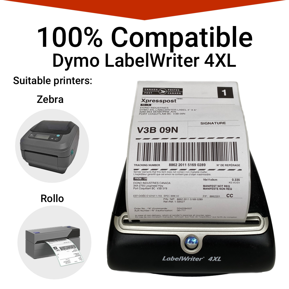 DYMO 1744907 Extra-Large 4" x 6" Shipping Labels, Per Roll, Compatible with DYMO 4XL, Rollo & Zebra Desktop Printers - Eiono Industries