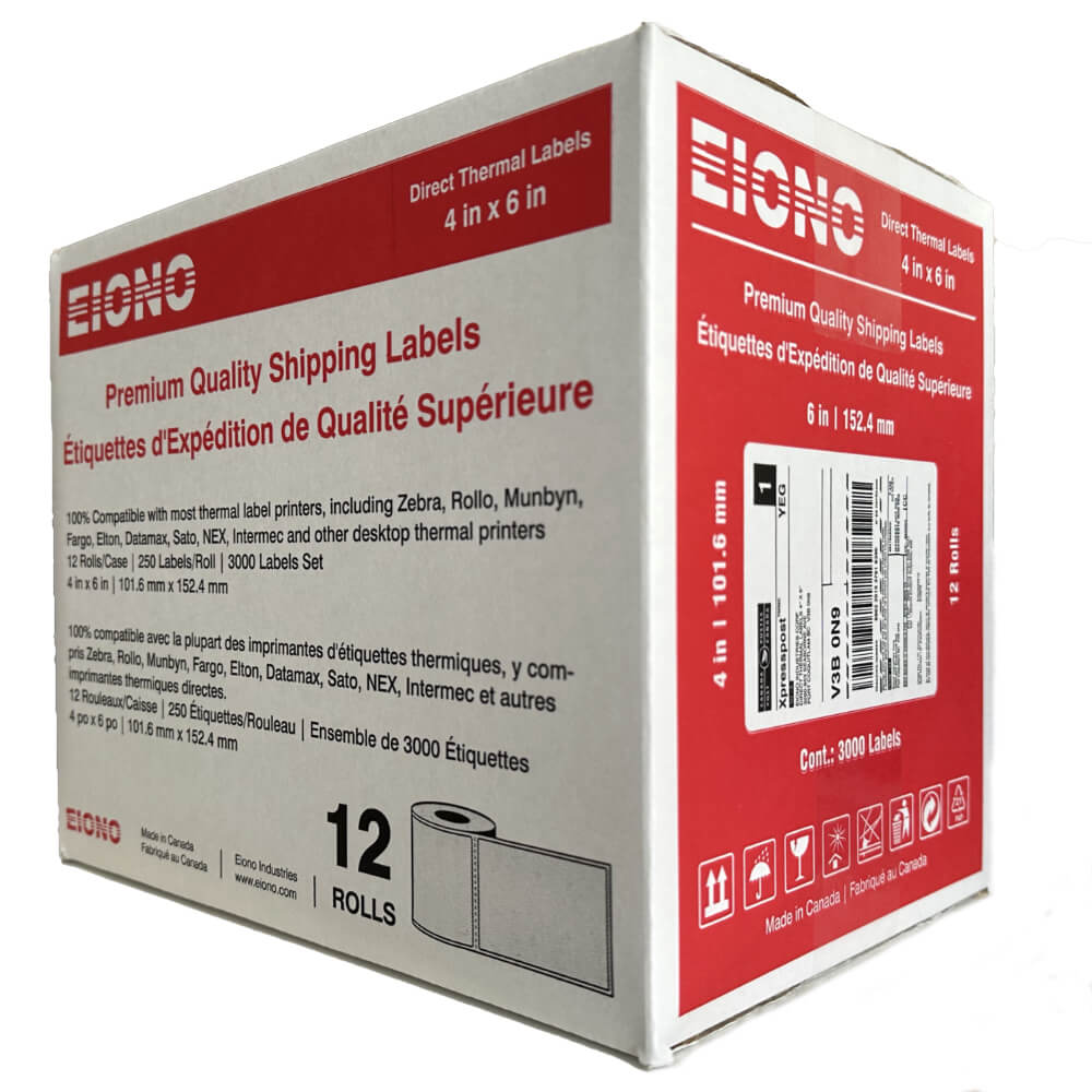 EIONO - Premium Quality 4 x 6 Direct Thermal Extra Large Shipping Labels  250 Per Roll Compatible with Zebra & Rollo Printers for Address Mailing  Postage Canada Post, USPS, UPS, FedEx 